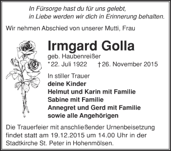 Traueranzeige von Irmgard Golla von WVG - Wochenspiegel NMB / WSF / ZTZ