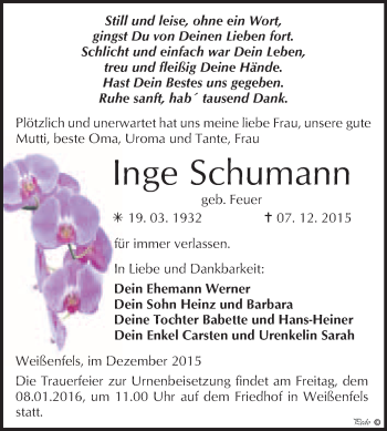 Traueranzeige von Inge Schumann von WVG - Wochenspiegel NMB / WSF / ZTZ