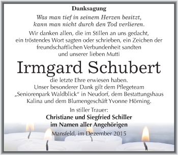 Traueranzeige von Irmgard Schubert von Mitteldeutsche Zeitung Mansfelder Land
