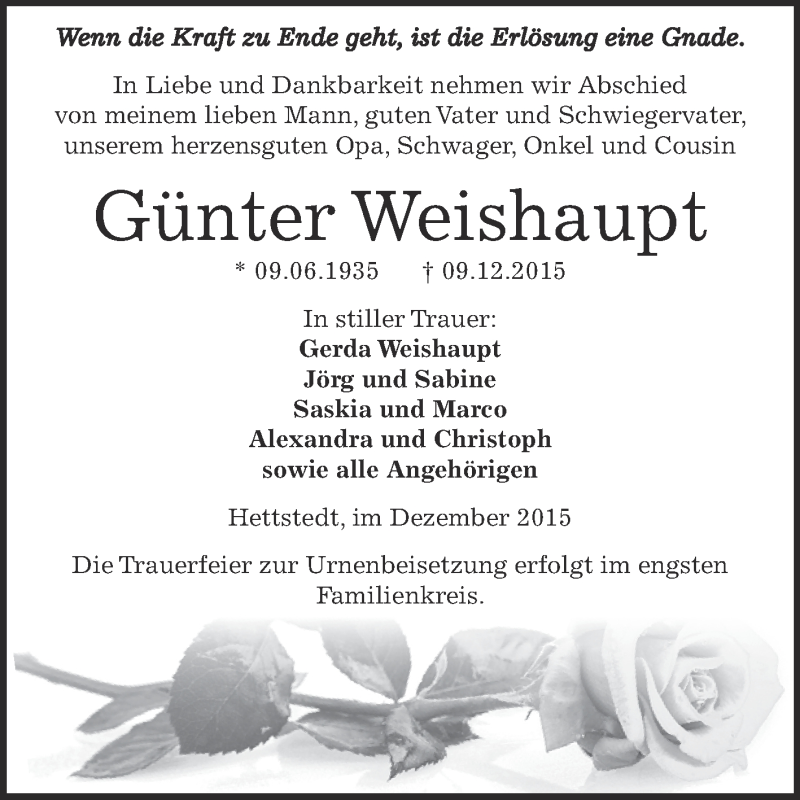  Traueranzeige für Günter Weishaupt vom 12.12.2015 aus Super Sonntag SGH Mansf. Land