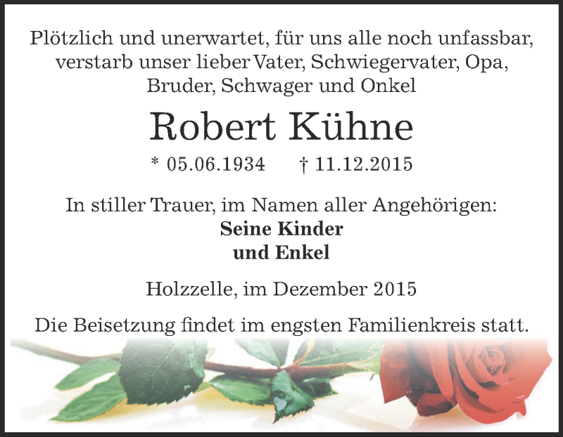 Traueranzeige für Robert Kühne vom 19.12.2015 aus Super Sonntag SGH Mansf. Land