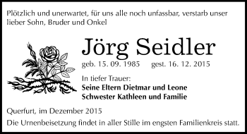 Traueranzeige von Jörg Seidler von Mitteldeutsche Zeitung Merseburg/Querfurt