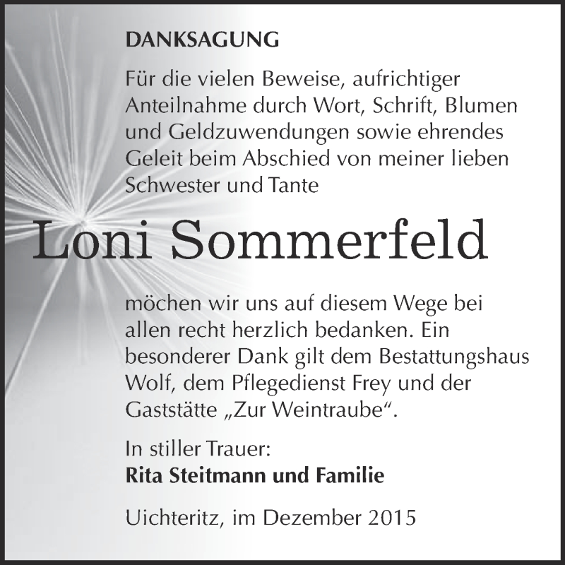  Traueranzeige für Loni Sommerfeld vom 09.12.2015 aus WVG - Wochenspiegel NMB / WSF / ZTZ