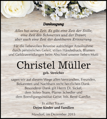 Traueranzeige von Christel Müller von WVG - Wochenspiegel Dessau / Köthen