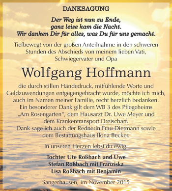 Traueranzeige von Wolfgang Hoffmann von Super Sonntag SGH Mansf. Land