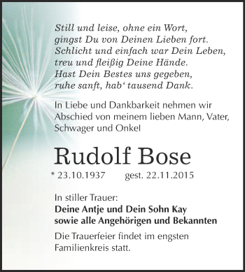 Traueranzeige von Rudolf Bose von WVG - Wochenspiegel NMB / WSF / ZTZ