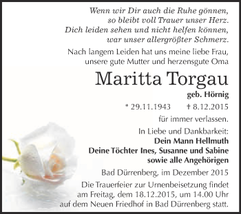 Traueranzeige von Maritta Torgau von Super Sonntag Merseburg