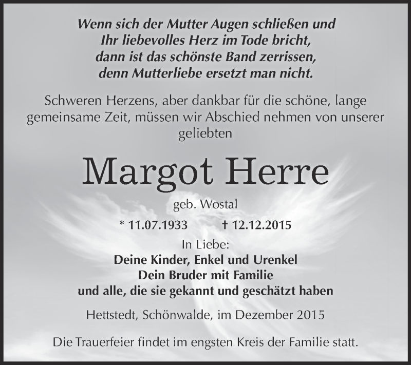  Traueranzeige für Margot Herre vom 19.12.2015 aus Wochenspiegel Mansfelder Land