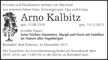 Traueranzeige von Arno Kalbitz von WVG - Wochenspiegel NMB / WSF / ZTZ