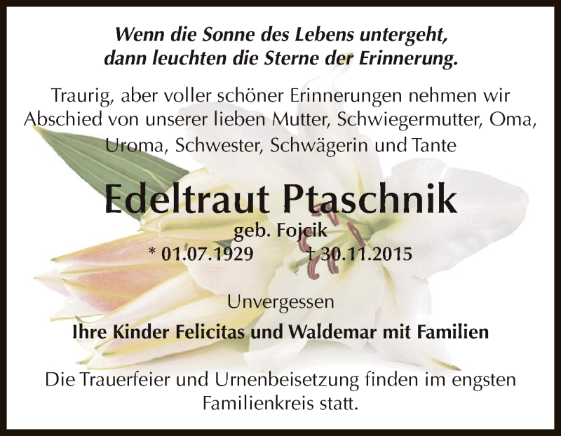  Traueranzeige für Edeltraut Ptaschnik vom 05.12.2015 aus WVG - Wochenspiegel Dessau / Köthen