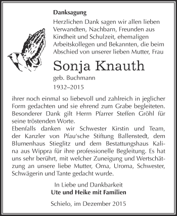 Traueranzeige von Sonja Knauth von Super Sonntag SGH Mansf. Land