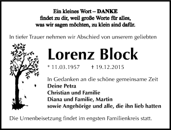 Traueranzeige von Lorenz Block von Mitteldeutsche Zeitung Wittenberg