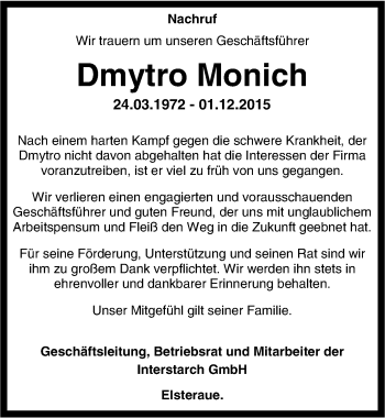 Traueranzeige von Dmytro Monich von Mitteldeutsche Zeitung