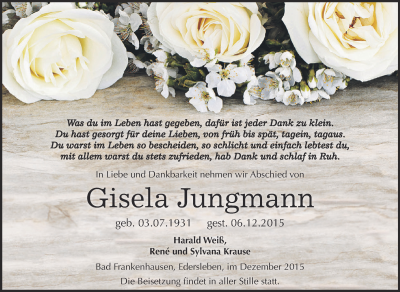  Traueranzeige für Gisela Jungmann vom 12.12.2015 aus Super Sonntag SGH Mansf. Land