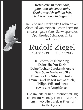 Traueranzeige von Rudolf Ziegel von WVG - Wochenspiegel Dessau / Köthen