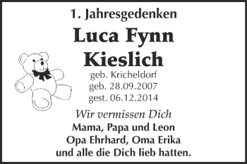 Traueranzeige von Luca Fynn Kieslich von WVG - Wochenspiegel Dessau / Köthen