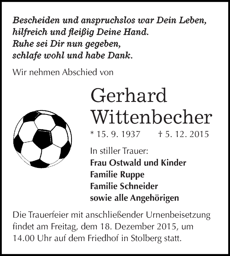  Traueranzeige für Gerhard Wittenbecher vom 16.12.2015 aus WVG - Wochenspiegel SGH