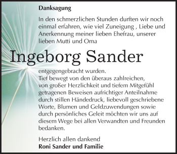 Traueranzeige von Ingeborg Sander von Mitteldeutsche Zeitung Quedlinburg