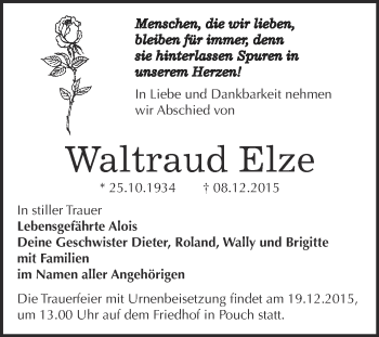 Traueranzeige von Waltraud Elze von WVG - Wochenspiegel Bitterfeld