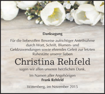 Traueranzeige von Christina Rehfeld von Super Sonntag Wittenberg