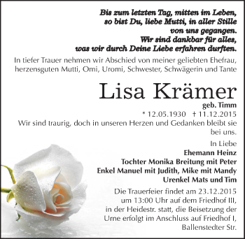 Traueranzeige von Lisa Krämer von Mitteldeutsche Zeitung Dessau-Roßlau