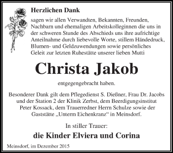 Traueranzeige von Christa Jakob von WVG - Wochenspiegel Dessau / Köthen