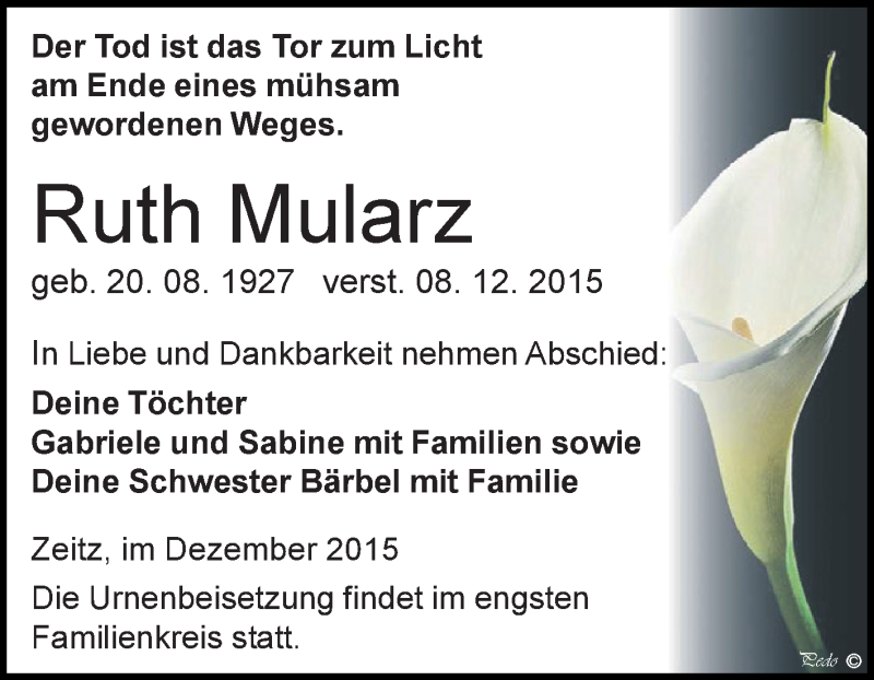  Traueranzeige für Ruth Mularz vom 12.12.2015 aus Super Sonntag Zeitz