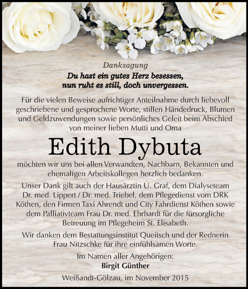  Traueranzeige für Edith Dybuta vom 05.12.2015 aus WVG - Wochenspiegel Dessau / Köthen