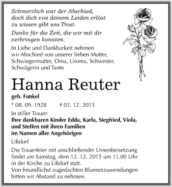 Traueranzeige von Hanna Reuter von Mitteldeutsche Zeitung Naumburg/Nebra