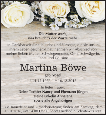 Traueranzeige von Martina Böwe von Mitteldeutsche Zeitung Köthen