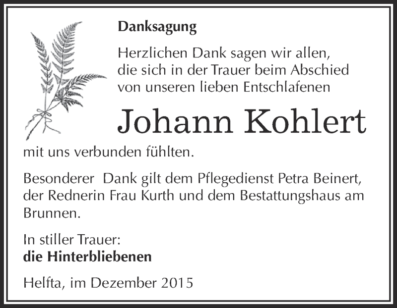  Traueranzeige für Johann Kohlert vom 30.12.2015 aus Wochenspiegel Mansfelder Land
