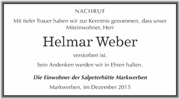 Traueranzeige von Helmar Weber von WVG - Wochenspiegel NMB / WSF / ZTZ