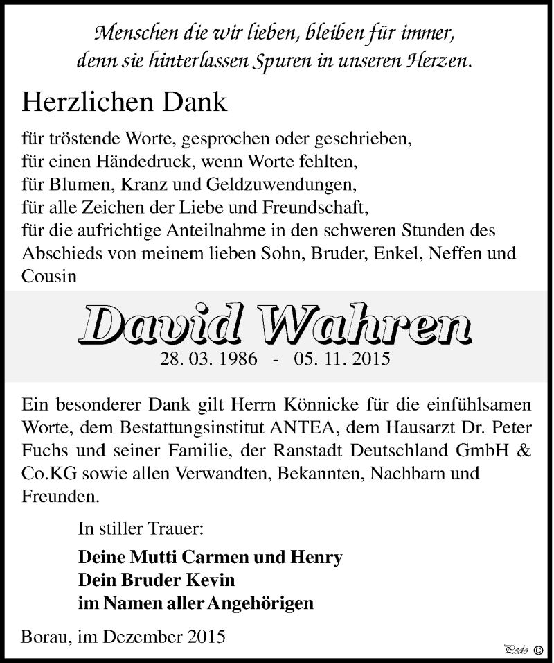  Traueranzeige für David Wahren vom 12.12.2015 aus Mitteldeutsche Zeitung Weißenfels