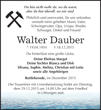 Traueranzeige von Walter Dauber von Mitteldeutsche Zeitung Sangerhausen