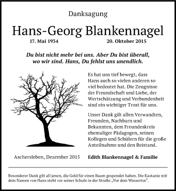 Traueranzeige von Hans-Georg Blankennagel von Mitteldeutsche Zeitung Aschersleben
