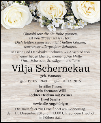 Traueranzeige von Vilja Schernekau von WVG - Wochenspiegel Dessau / Köthen