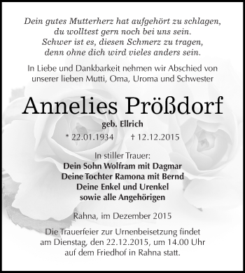 Traueranzeige von Annelies Prößdorf von WVG - Wochenspiegel NMB / WSF / ZTZ