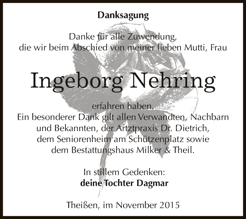  Traueranzeige für Ingeborg Nehring vom 05.12.2015 aus Super Sonntag Zeitz