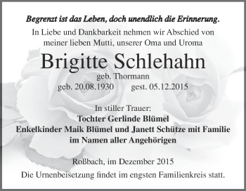 Traueranzeige von Brigitte Schlehahn von WVG - Wochenspiegel Merseburg
