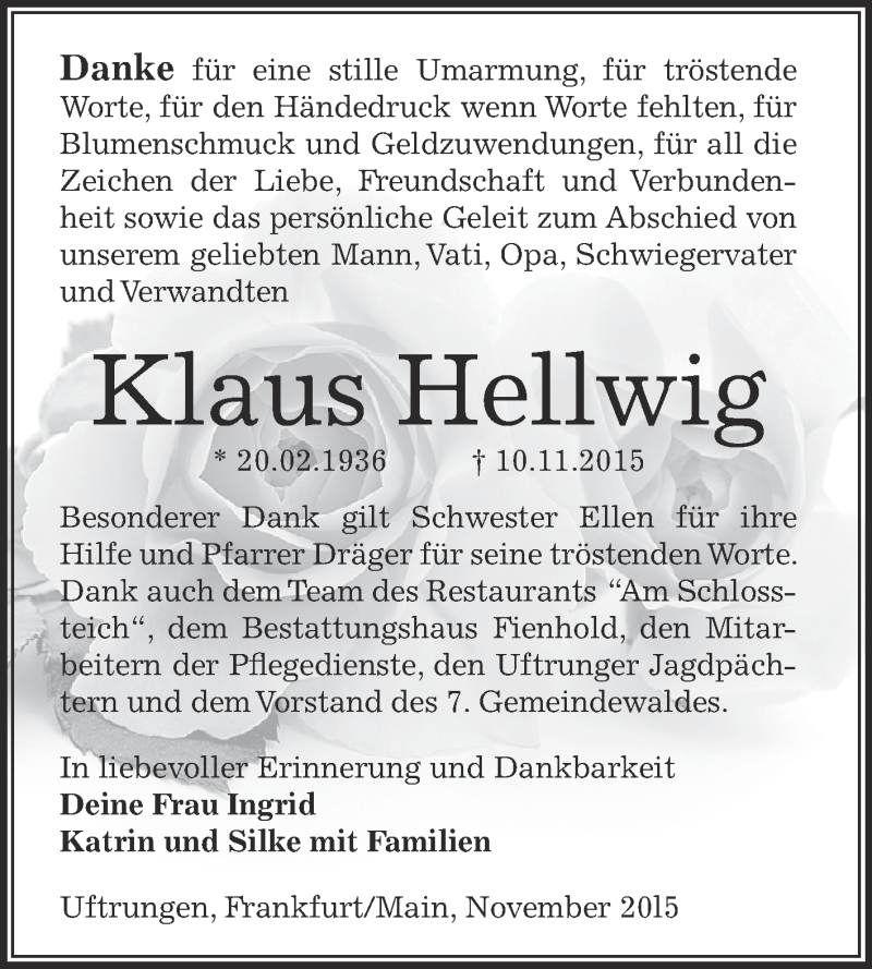  Traueranzeige für Klaus Hellwig vom 19.12.2015 aus Super Sonntag SGH Mansf. Land