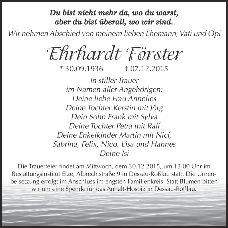  Traueranzeige für Ehrhardt Förster vom 19.12.2015 aus WVG - Wochenspiegel Dessau / Köthen