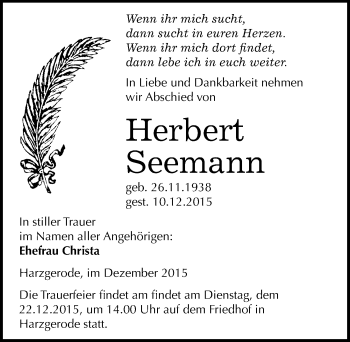 Traueranzeige von Herbert Seemann von Mitteldeutsche Zeitung Quedlinburg