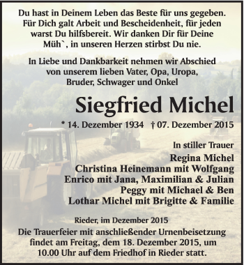 Traueranzeige von Siegfried Michel von Mitteldeutsche Zeitung Quedlinburg