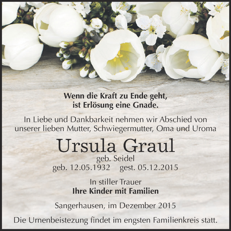  Traueranzeige für Ursula Graul vom 12.12.2015 aus Super Sonntag SGH Mansf. Land