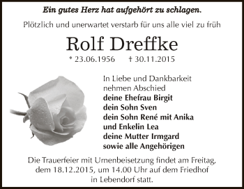 Traueranzeige von Rolf Dreffke von Super Sonntag Bernburg