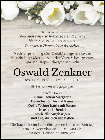 Traueranzeige von Oswald Zenkner von WVG - Wochenspiegel Dessau / Köthen