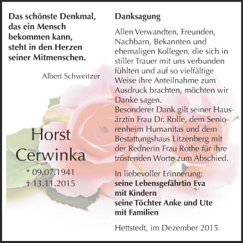 Traueranzeige von Horst Cerwinka von Wochenspiegel Mansfelder Land