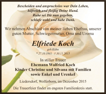 Traueranzeige von Elfriede Koch von Super Sonntag SGH Mansf. Land