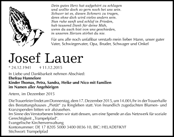 Traueranzeige von Josef Lauer von Mitteldeutsche Zeitung Sangerhausen