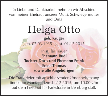 Traueranzeige von Helga Otto von Super Sonntag Bernburg